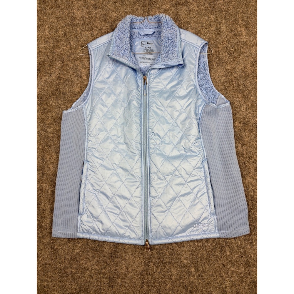 LL Bean Womens XL Blue Quilted Fleece Lined Vest Ribbed Side Panels 291762